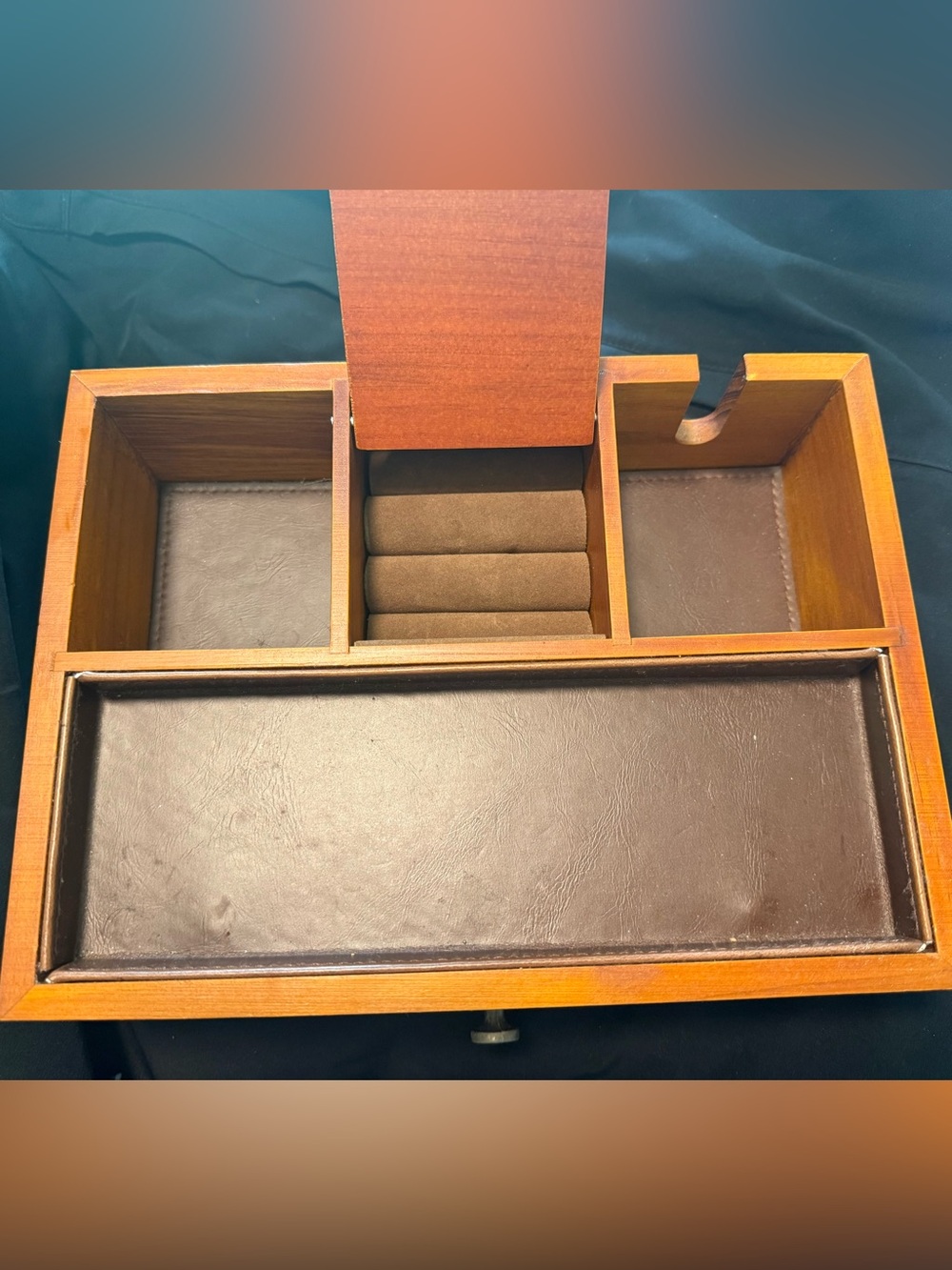 Wood Jewelry Organizer Tray with Brown Leather Interior
